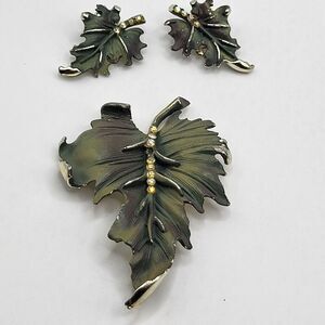 Vintage BSK Brooch Pin Earrings Set Enamel Leaf With AB Rhinestones